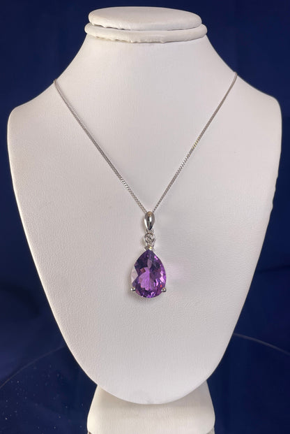 9ct White Gold Pear Shape Amethyst + One Diamond Pendant Necklace