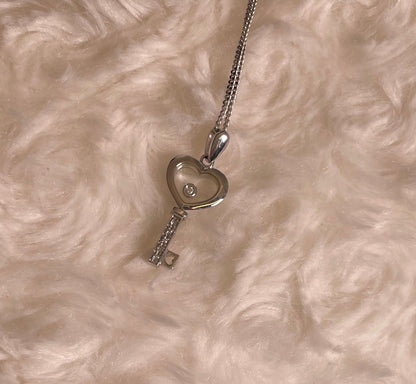 9ct White Gold Key Pendant with Diamond Chips & Floating Diamond