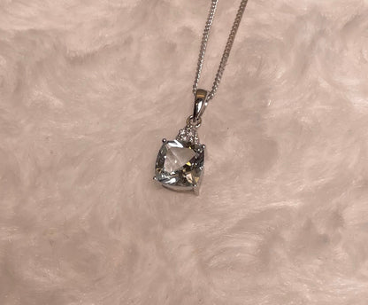 9ct White Gold Cushion Shape Aquamarine with Diamond Chips Pendant Necklace