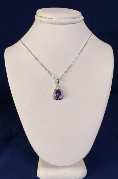 9ct White Gold Pear Amethyst & Diamond Pendant Necklace