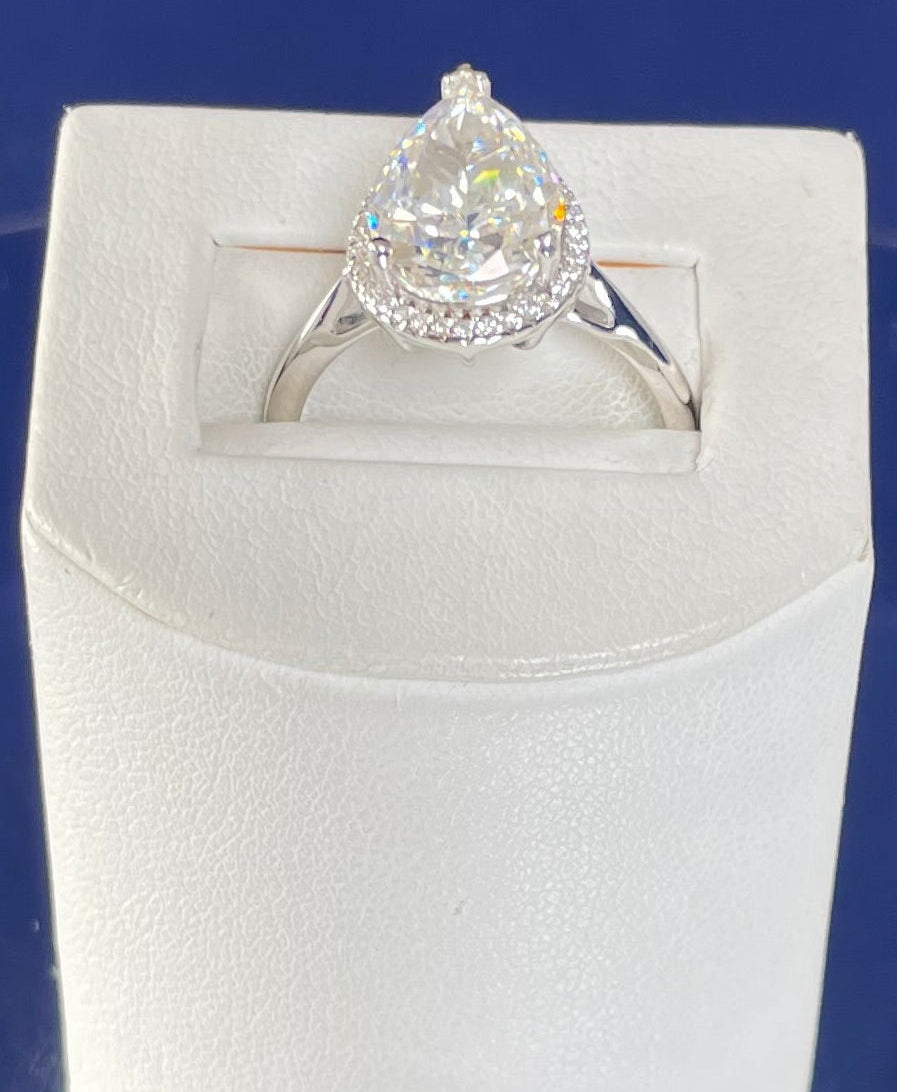 Rhodium Plated Silver Pear Shape Cubic Zirconia Ring