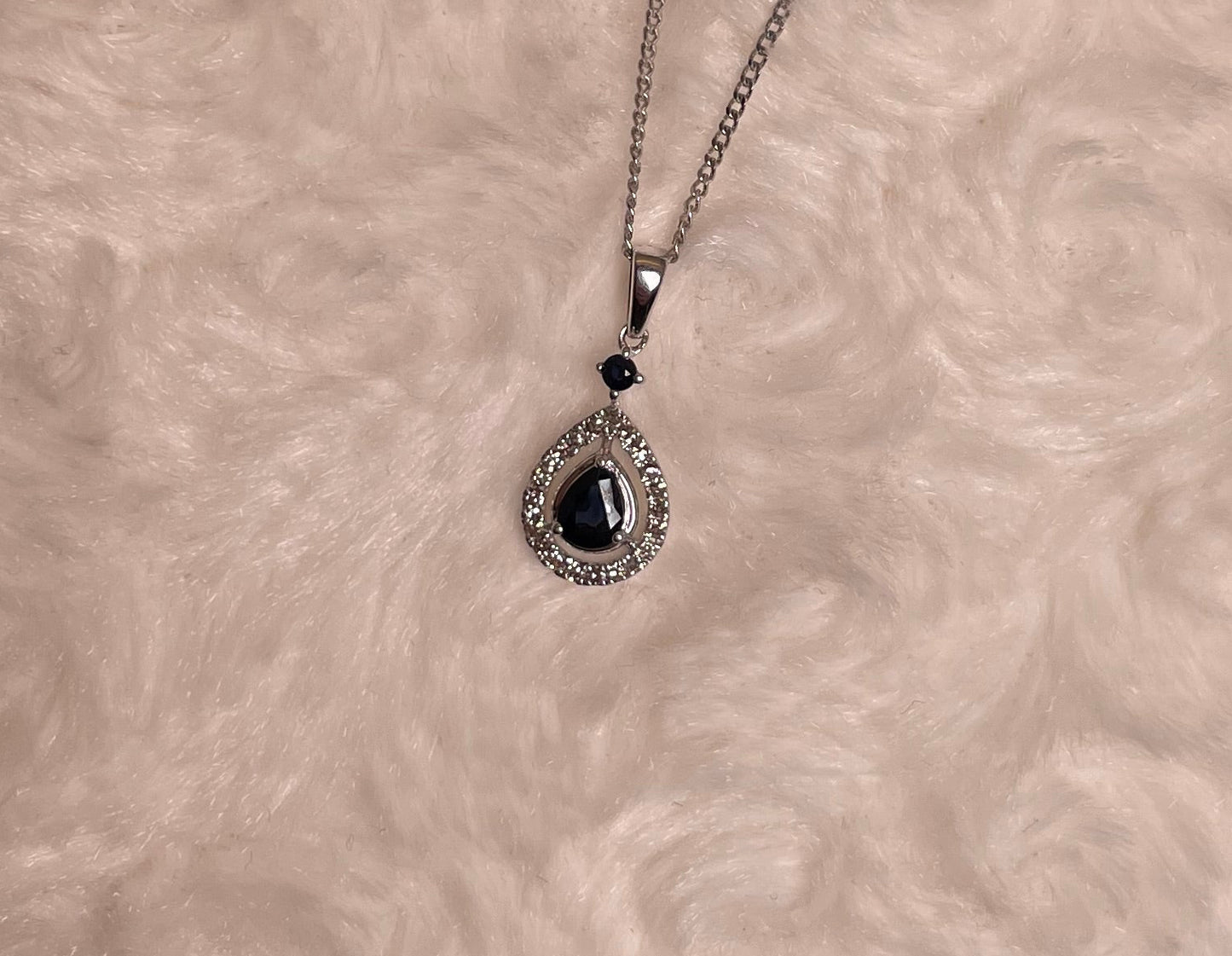 9ct White Gold Sapphire & Diamond Pear Shaped Pendant Necklace