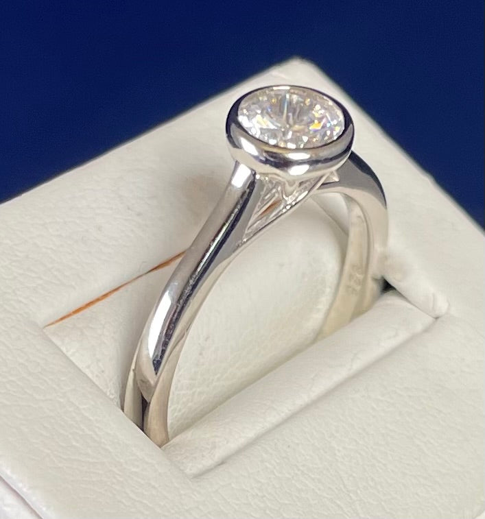 Round Cut Solitaire Cubic Zirconia Bezel Set Rhodium Plated