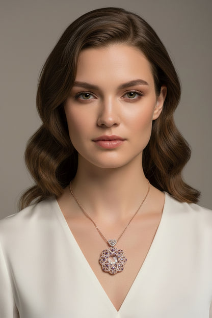Rose Gold-Plated Flower Pendant Necklace with Cubic Zirconia