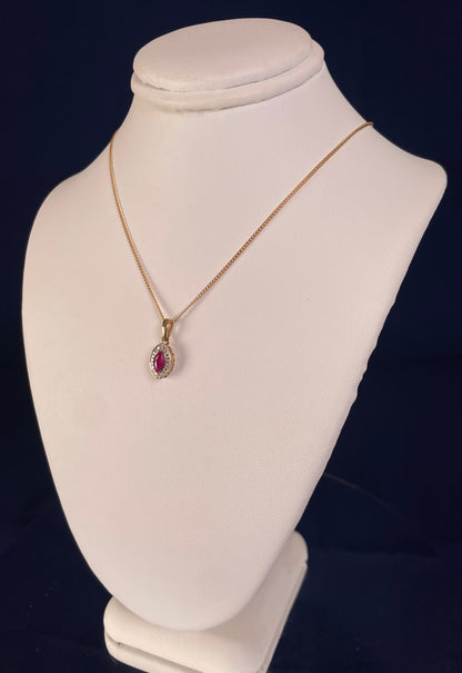 9ct Yellow Gold Marquise Ruby & Diamond Pendant Necklace