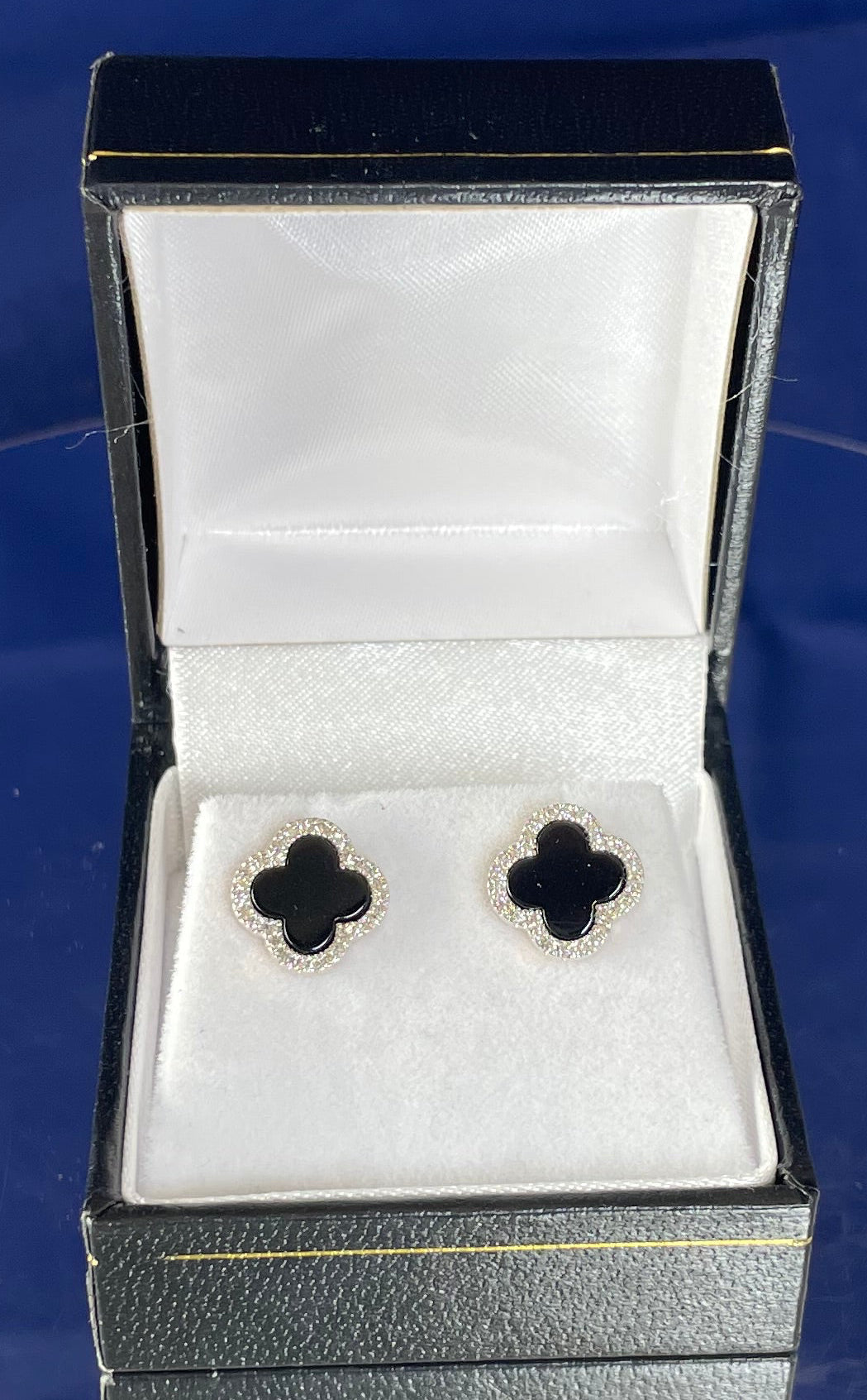 9ct Yellow Gold Onyx & Diamond Clover Earrings