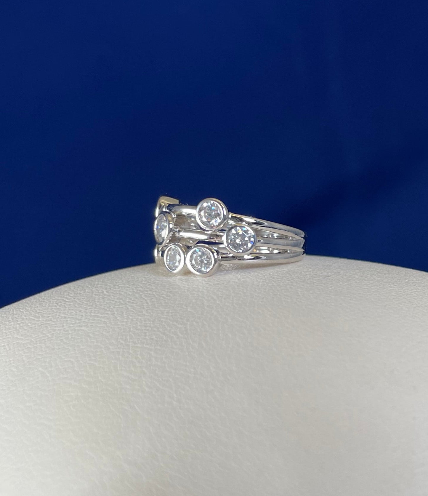 Rhodium-Plated Silver Three Row Boodle Ring with Cubic Zirconia