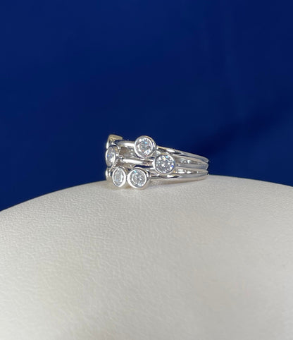 Rhodium-Plated Silver Three Row Boodle Ring with Cubic Zirconia