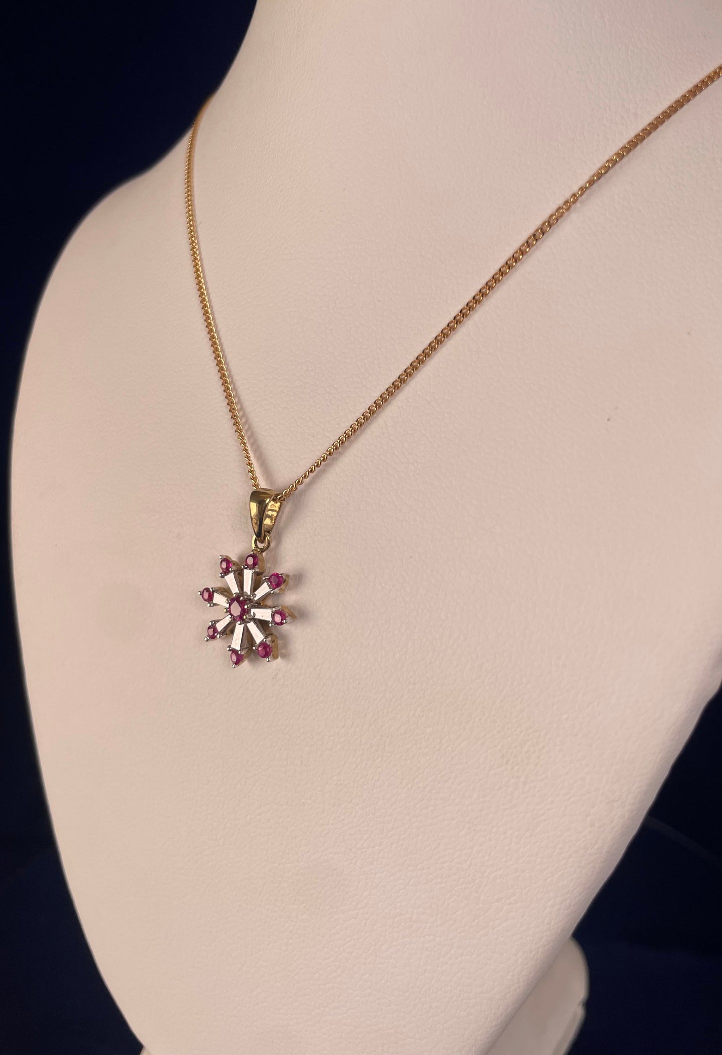 9ct Yellow Gold Diamond & Ruby Snow Flake Pendant Necklace