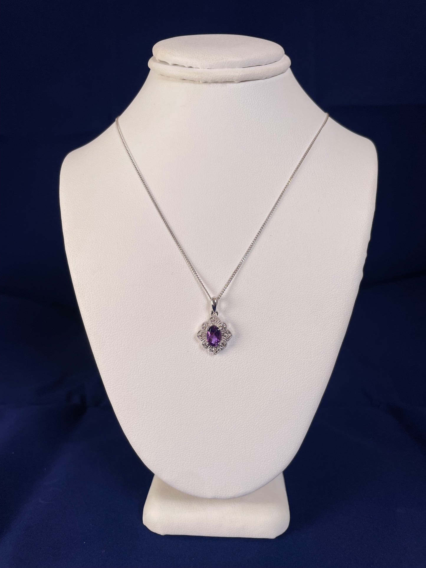 9ct White Gold Amethyst & Diamond Art Deco Pendant Necklace