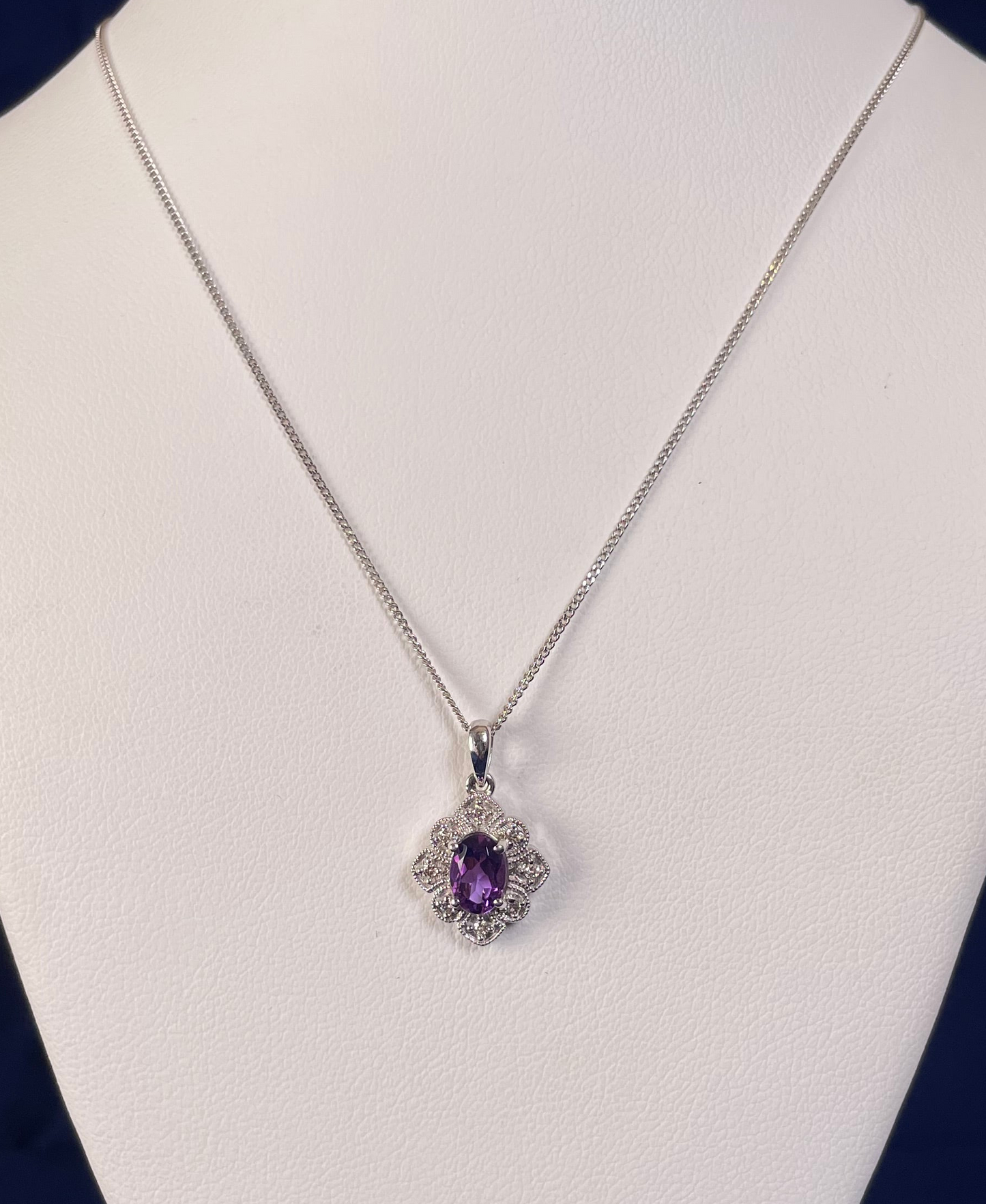 9ct White Gold Amethyst & Diamond Art Deco Pendant Necklace