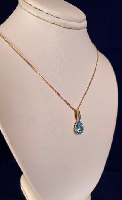 9ct Yellow Gold Pear Shape Blue Topaz & Diamond Pendant Necklace