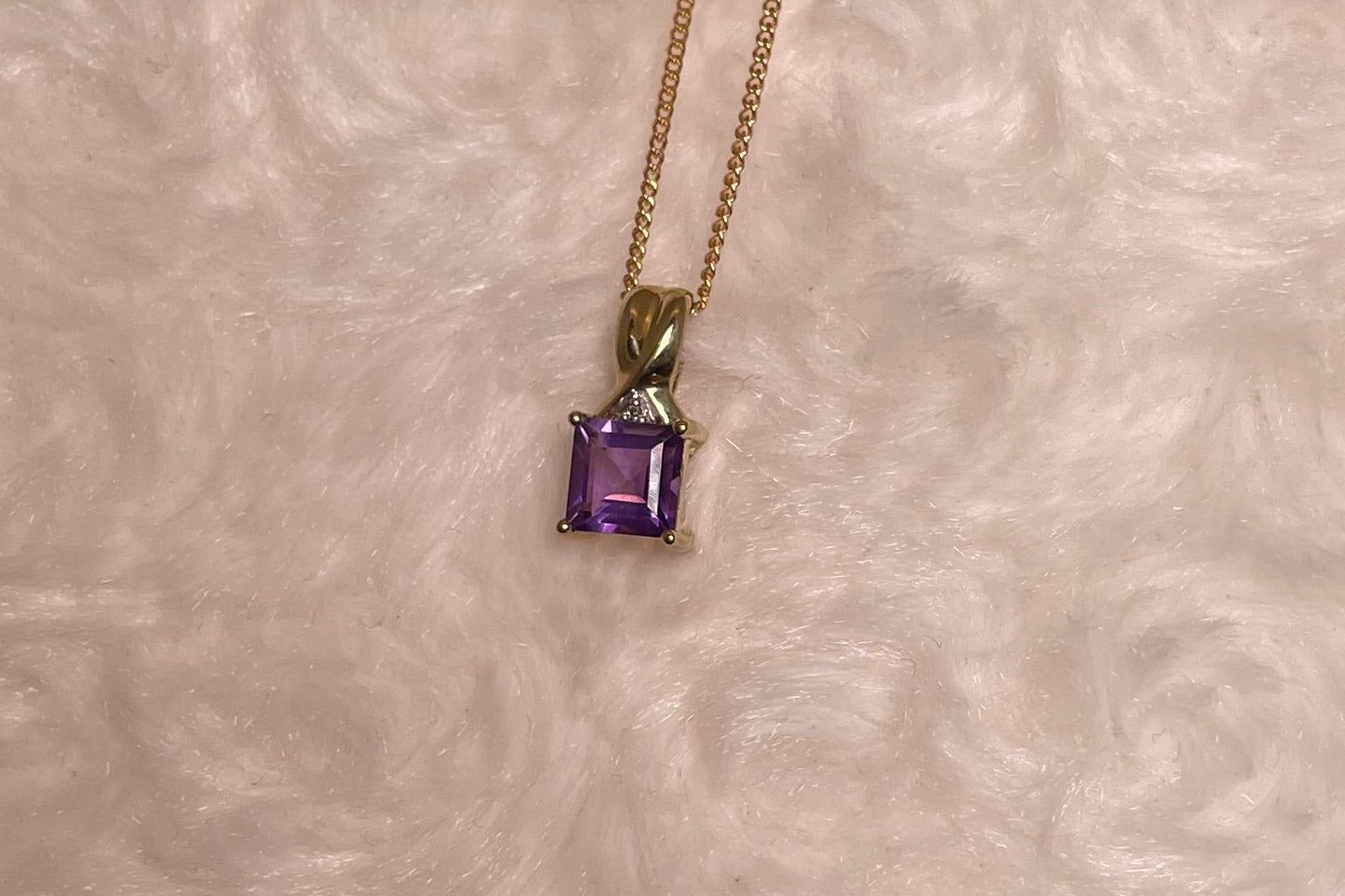 9ct Yellow Gold Square Amethyst with Diamond Chip Pendant Necklace
