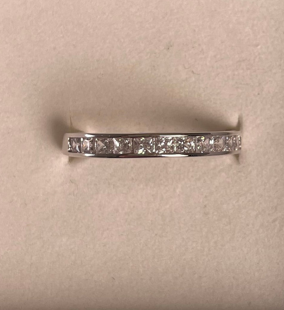 Rhodium-Plated Silver Half Eternity Channel Set Princess Cut Cubic Zirconia