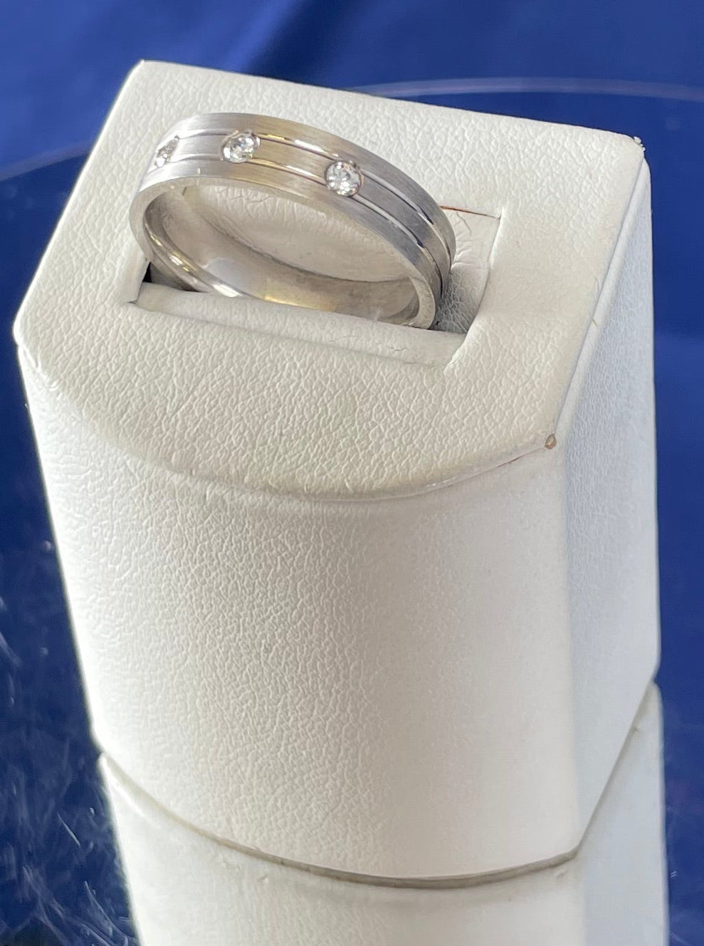 Rhodium-Plated Silver Matte Finish Flat Court Band with Cubic Zirconias