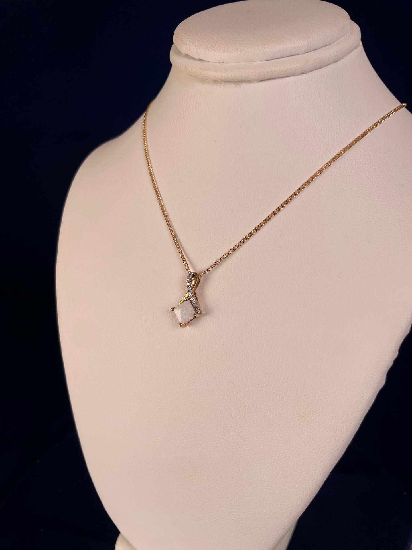 9ct Yellow Gold Square White Opal with Crossover Diamond Bale Pendant Necklace