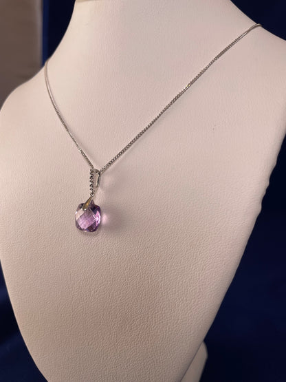 9ct White Gold Pineapple Cut Cushion Shape Amethyst Drop Pendant Necklace