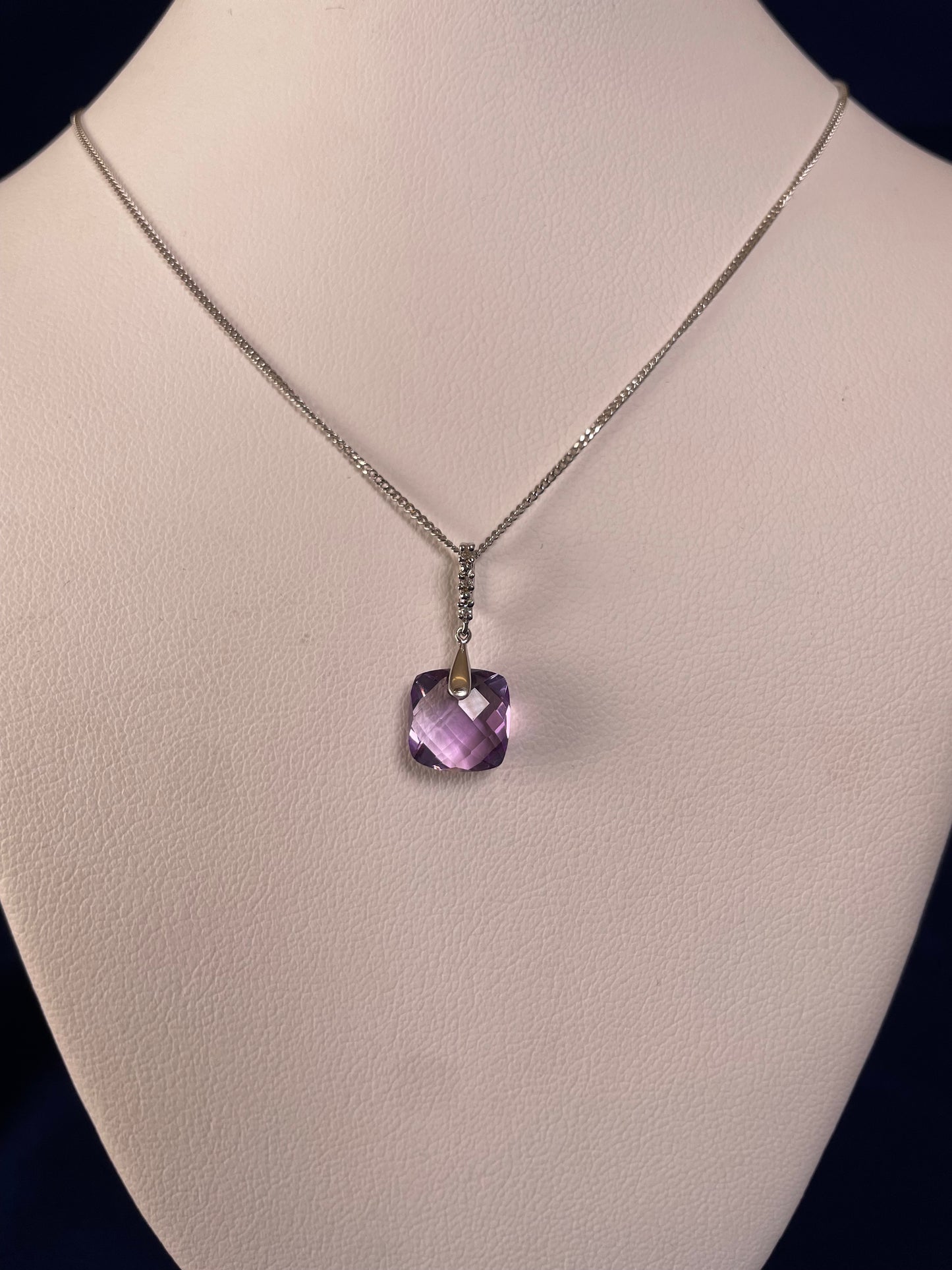 9ct White Gold Pineapple Cut Cushion Shape Amethyst Drop Pendant Necklace