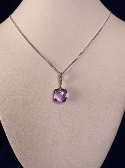 9ct White Gold Pineapple Cut Cushion Shape Amethyst Drop Pendant Necklace
