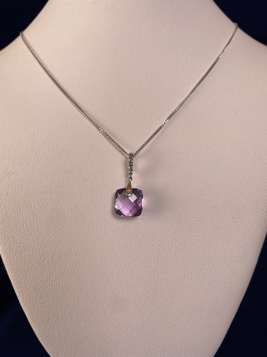 9ct White Gold Pineapple Cut Cushion Shape Amethyst Drop Pendant Necklace