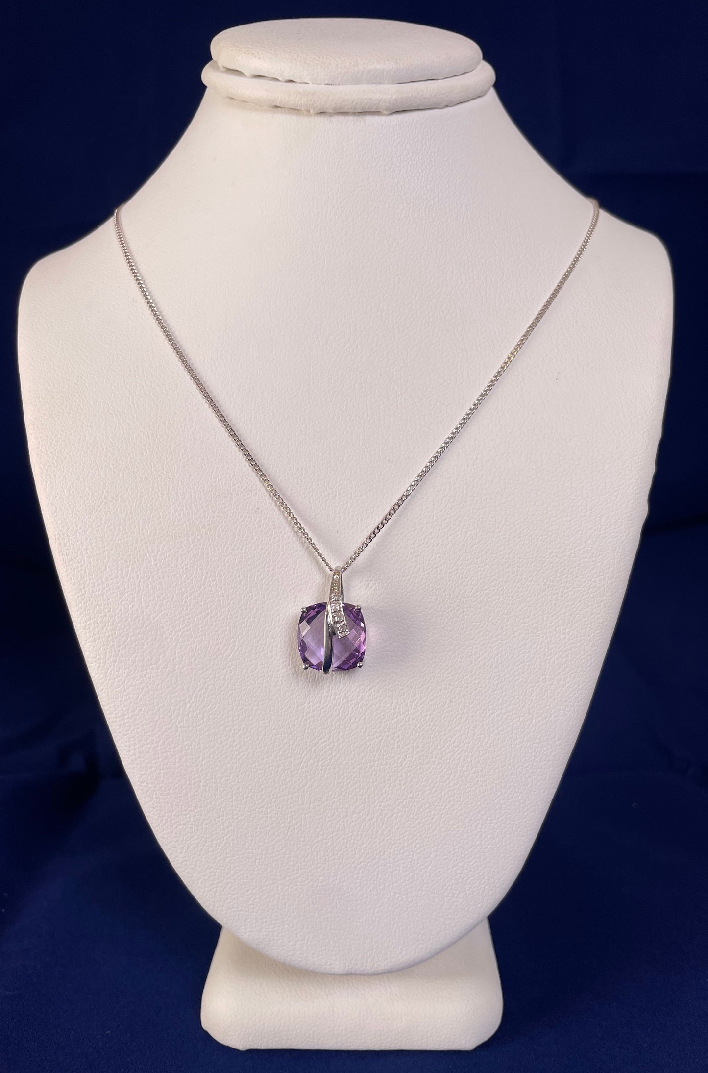 9ct White Gold Amethyst Pendant with Diamond Bale Surround Necklace