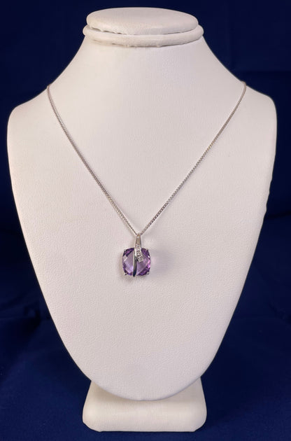 9ct White Gold Amethyst Pendant with Diamond Bale Surround Necklace