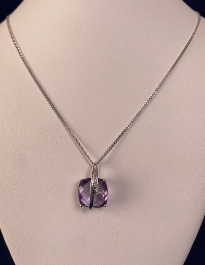 9ct White Gold Amethyst Pendant with Diamond Bale Surround Necklace