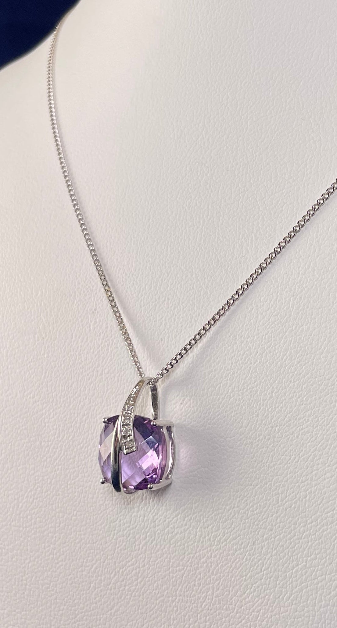 9ct White Gold Amethyst Pendant with Diamond Bale Surround Necklace