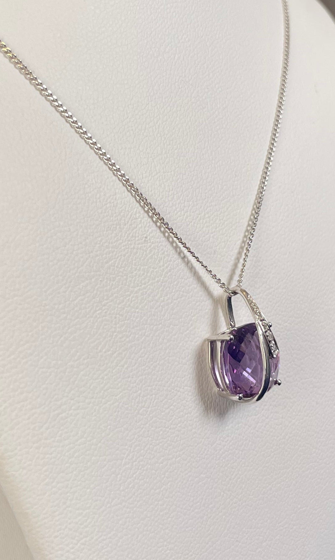 9ct White Gold Amethyst Pendant with Diamond Bale Surround Necklace