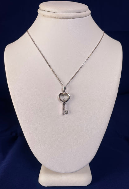 9ct White Gold Key Pendant with Diamond Chips & Floating Diamond