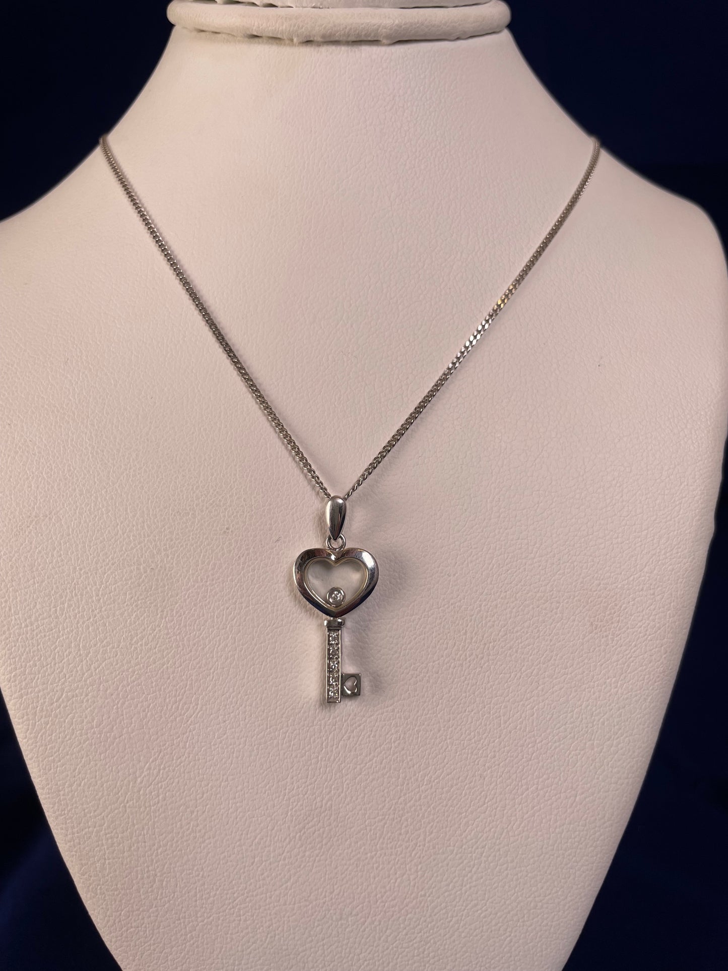 9ct White Gold Key Pendant with Diamond Chips & Floating Diamond