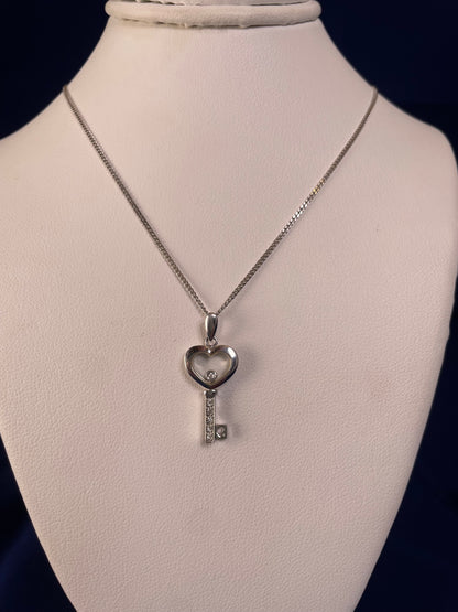 9ct White Gold Key Pendant with Diamond Chips & Floating Diamond