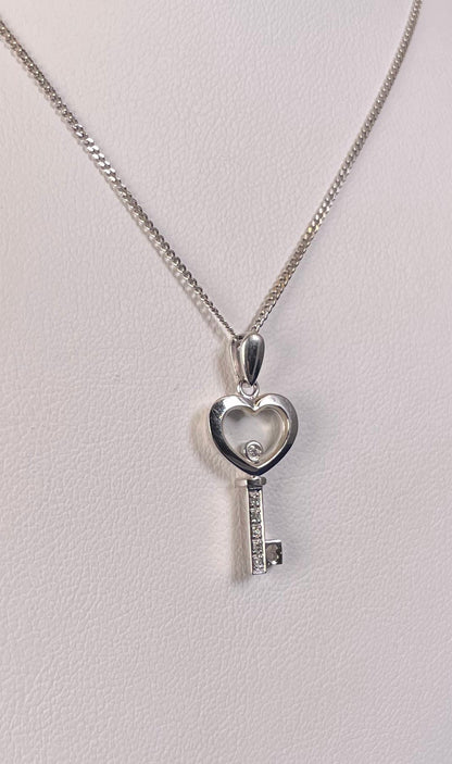 9ct White Gold Key Pendant with Diamond Chips & Floating Diamond