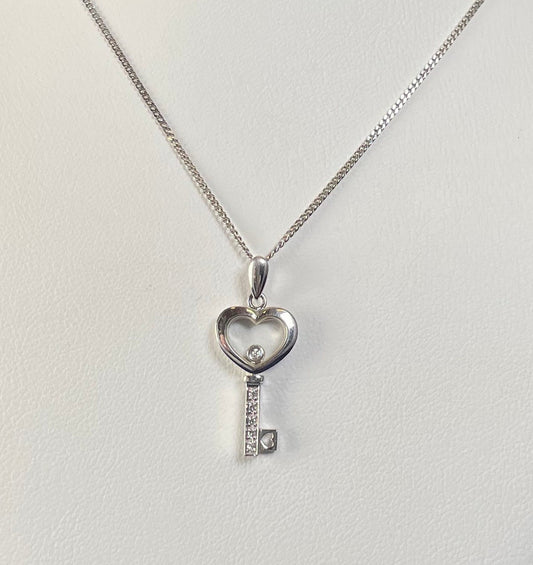 9ct White Gold Key Pendant with Diamond Chips & Floating Diamond