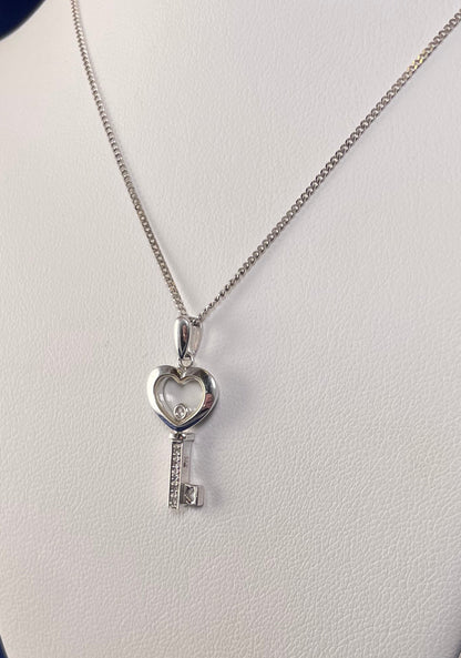 9ct White Gold Key Pendant with Diamond Chips & Floating Diamond