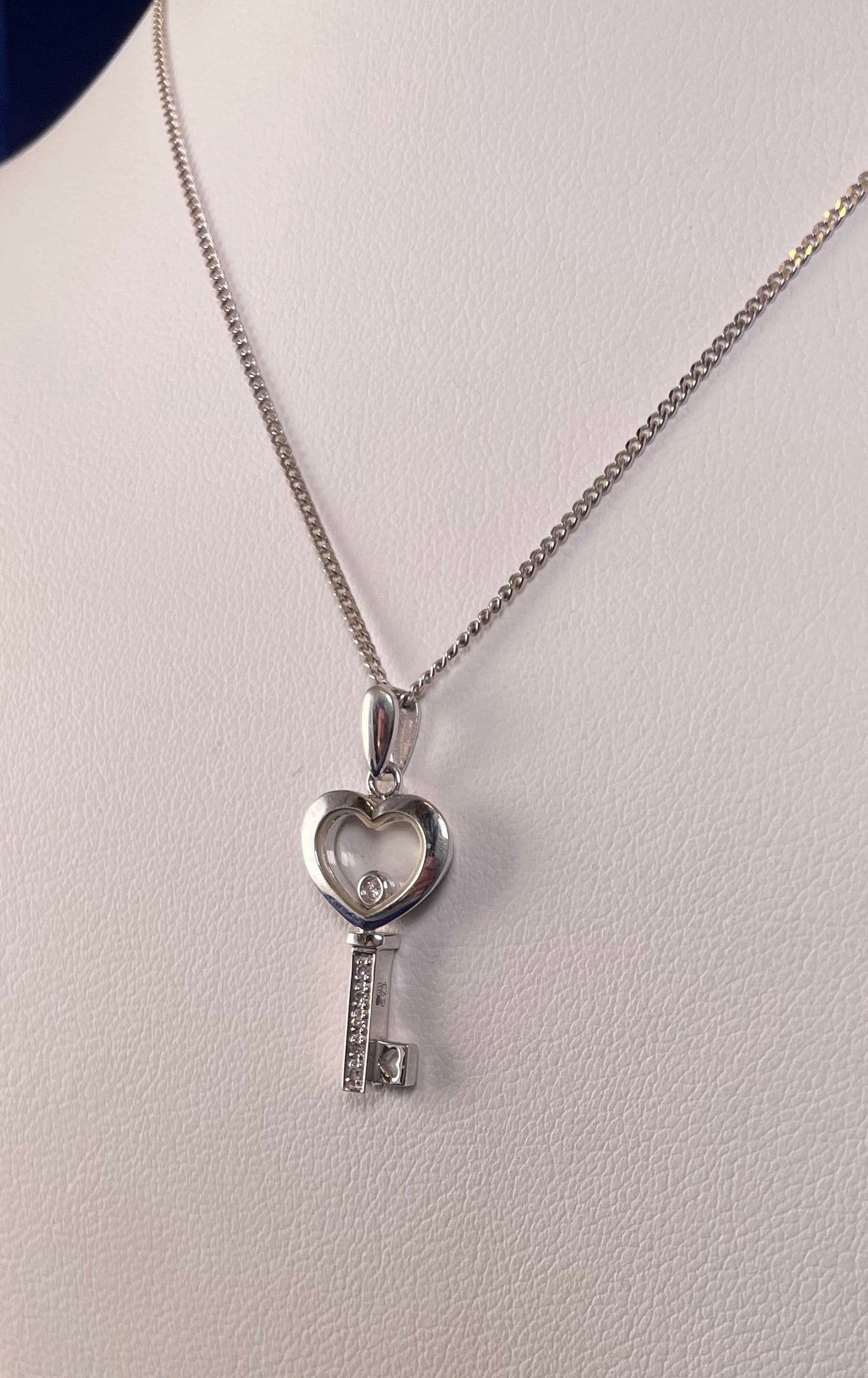 9ct White Gold Key Pendant with Diamond Chips & Floating Diamond