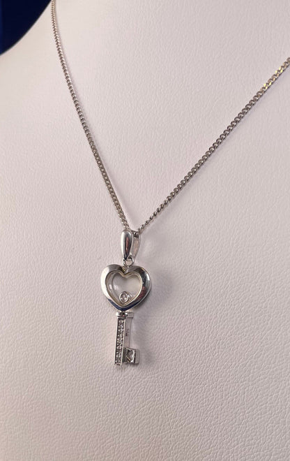 9ct White Gold Key Pendant with Diamond Chips & Floating Diamond