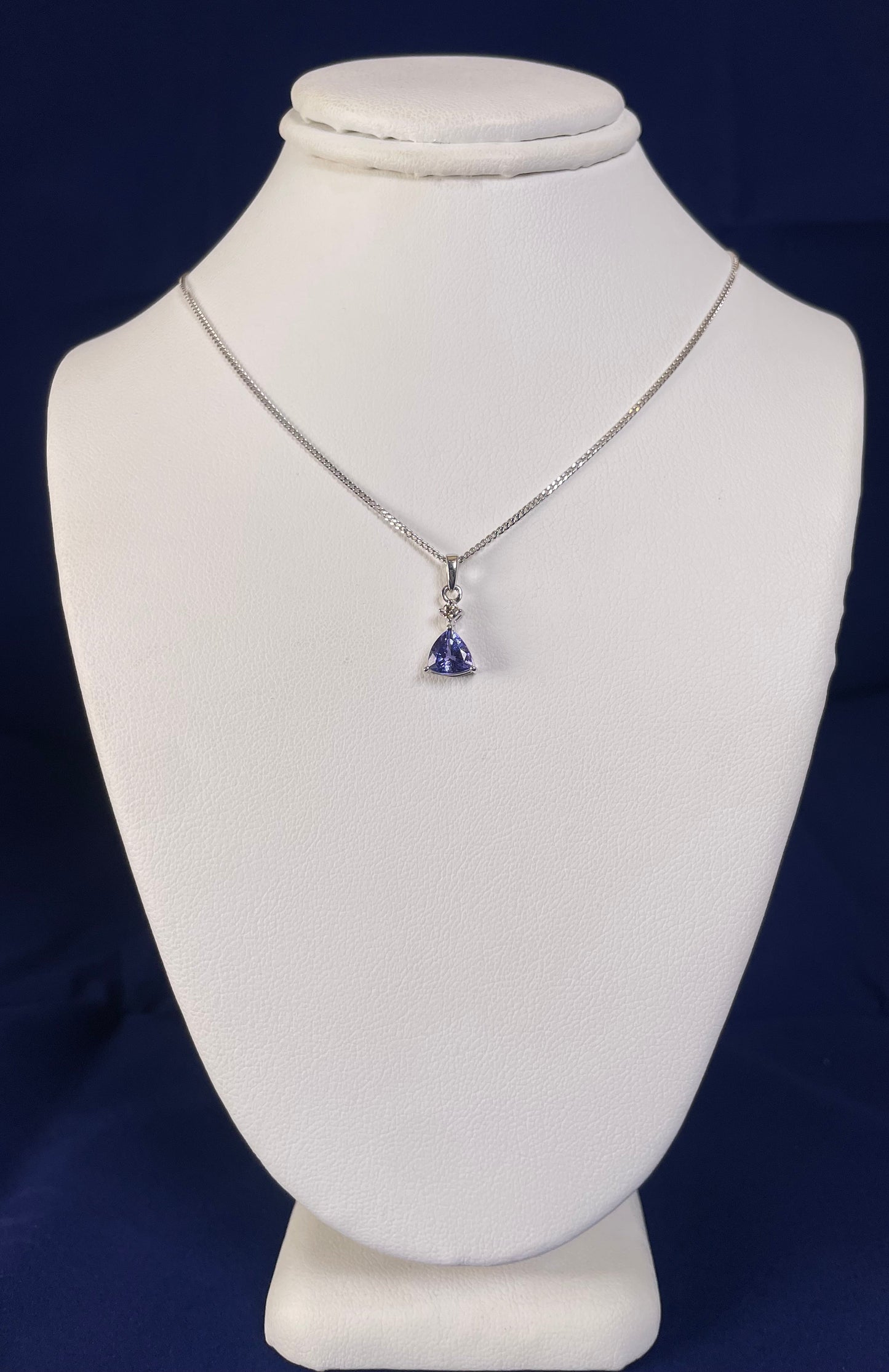9ct White Gold Triangle Tanzanite Pendant with Small Diamond Necklace