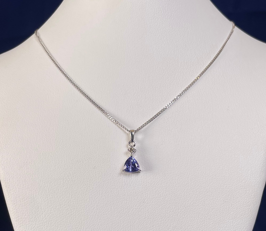 9ct White Gold Triangle Tanzanite Pendant with Small Diamond Necklace