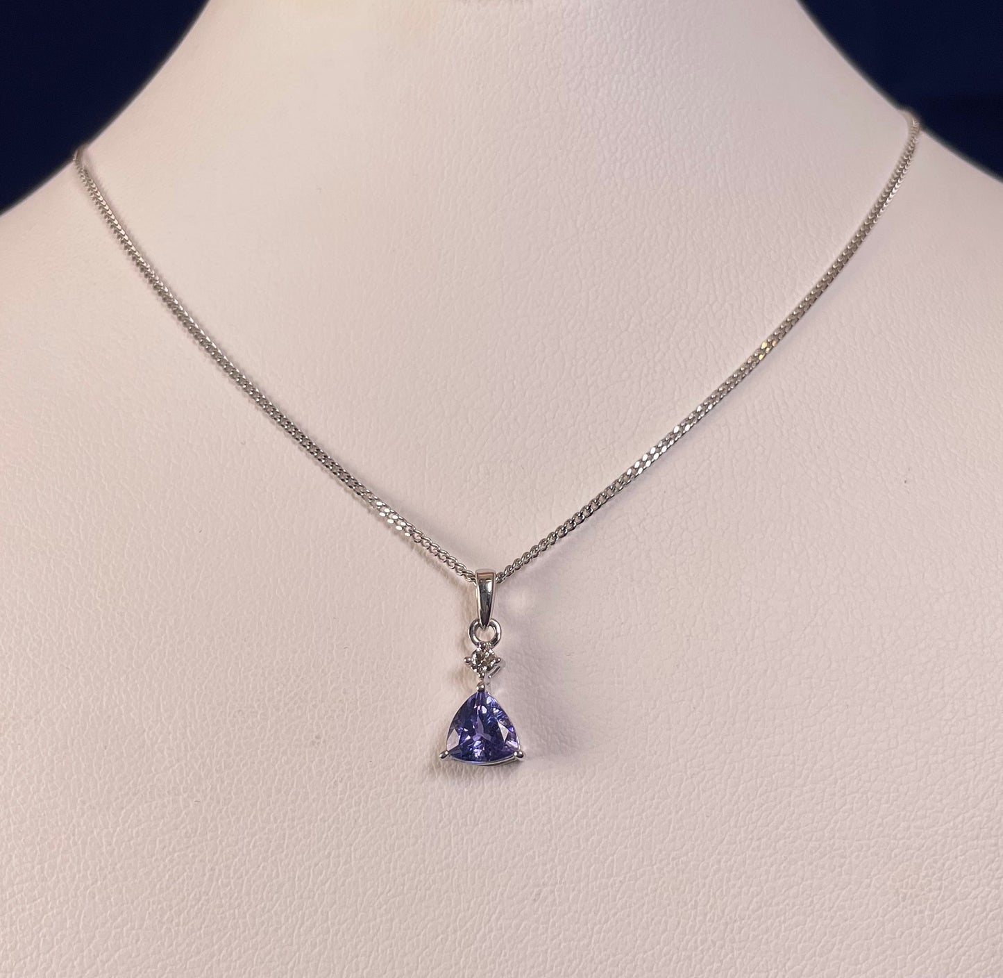 9ct White Gold Triangle Tanzanite Pendant with Small Diamond Necklace