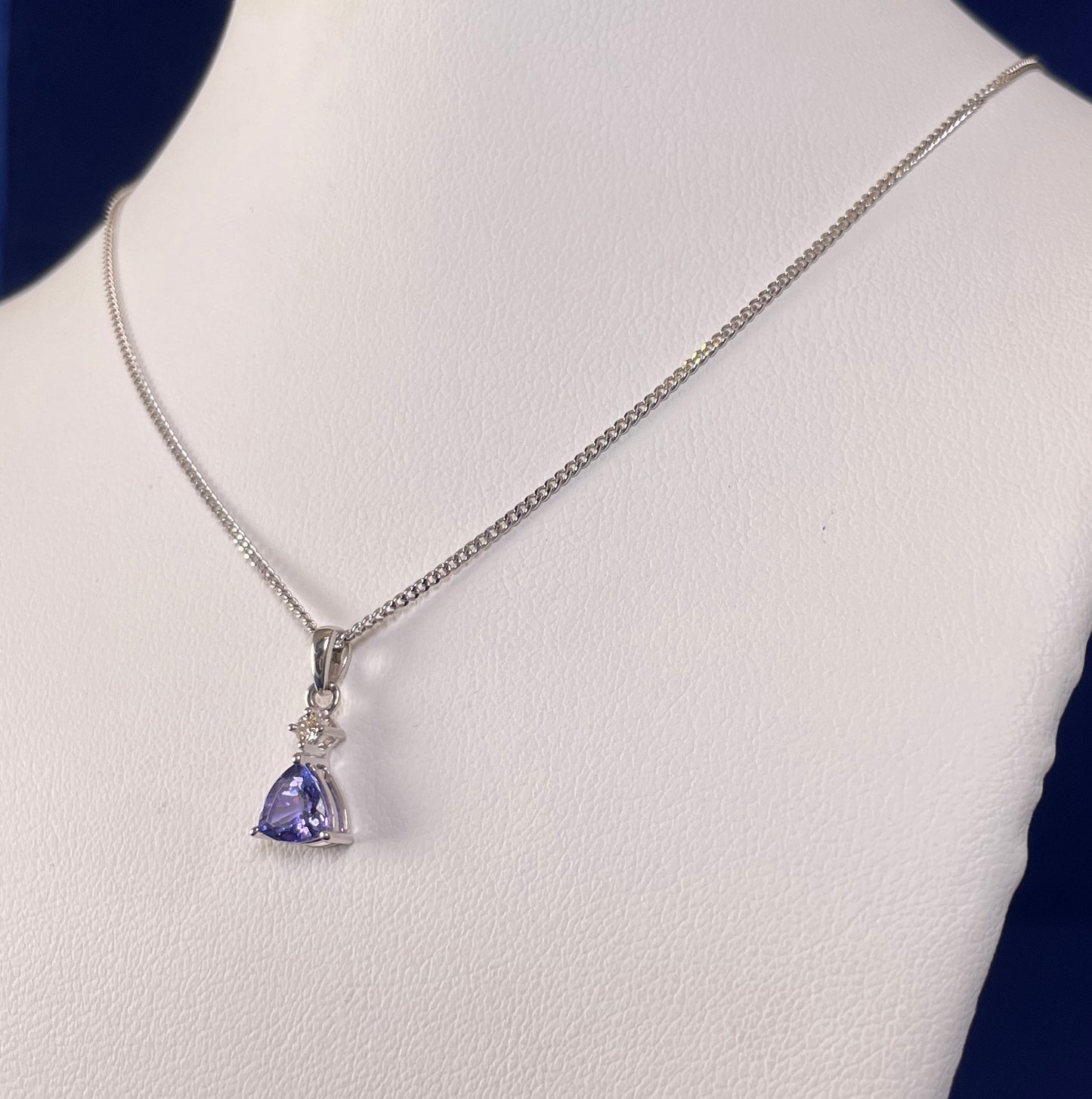 9ct White Gold Triangle Tanzanite Pendant with Small Diamond Necklace