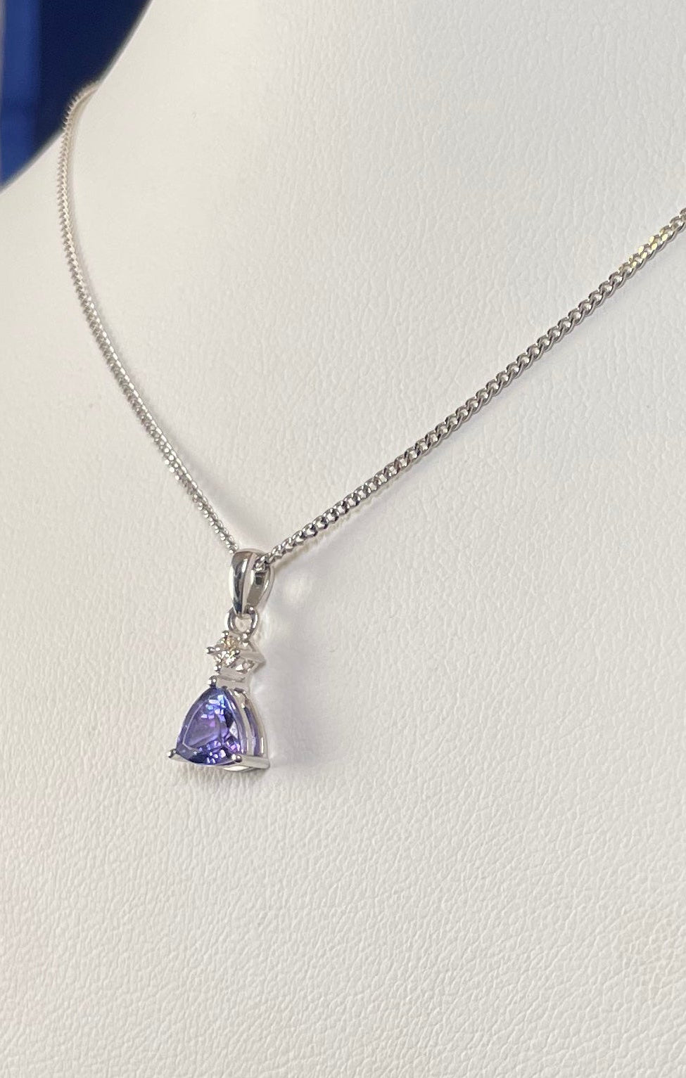 9ct White Gold Triangle Tanzanite Pendant with Small Diamond Necklace