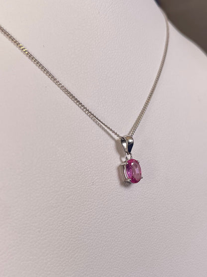 9ct White Gold Oval Pink Sapphire Pendant Necklace