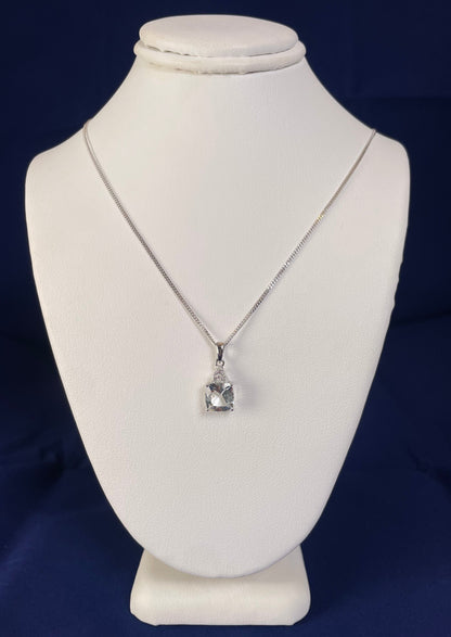 9ct White Gold Cushion Shape Aquamarine with Diamond Chips Pendant Necklace