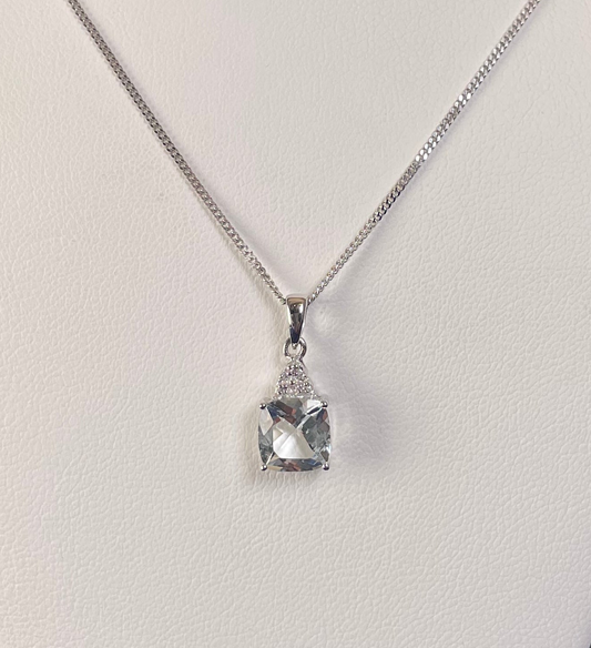 9ct White Gold Cushion Shape Aquamarine with Diamond Chips Pendant Necklace