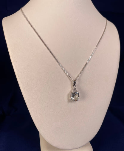 9ct White Gold Cushion Shape Aquamarine with Diamond Chips Pendant Necklace