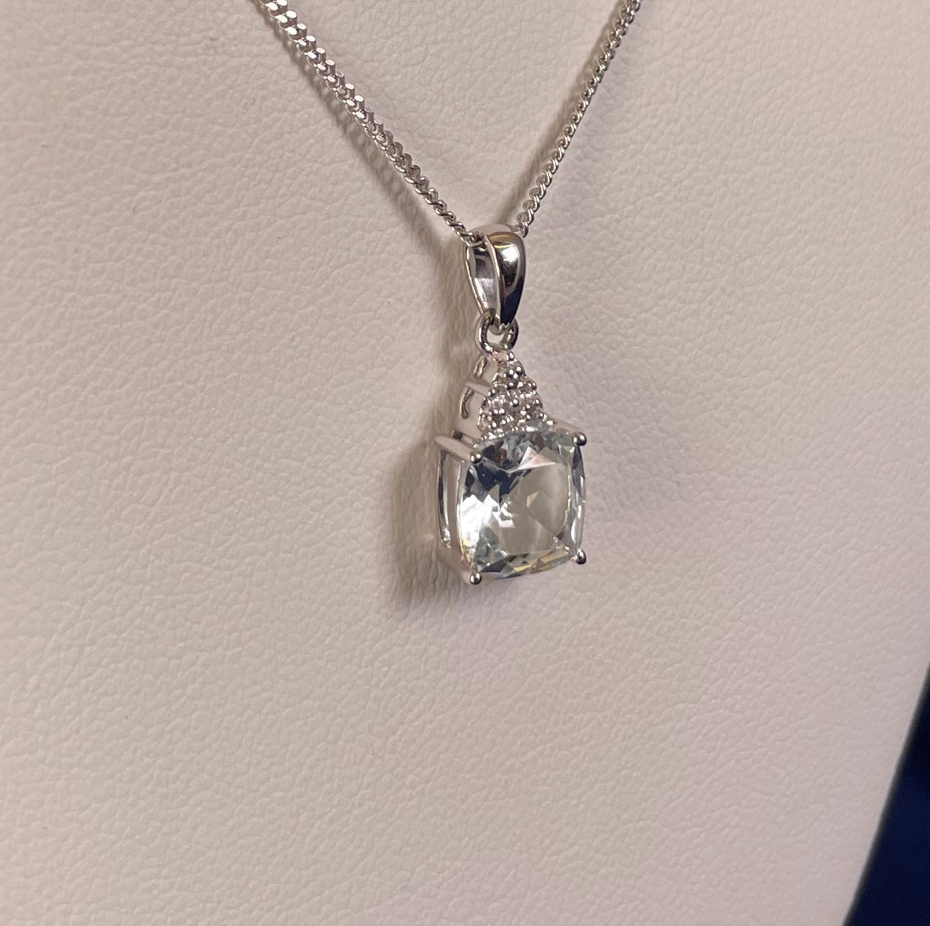 9ct White Gold Cushion Shape Aquamarine with Diamond Chips Pendant Necklace