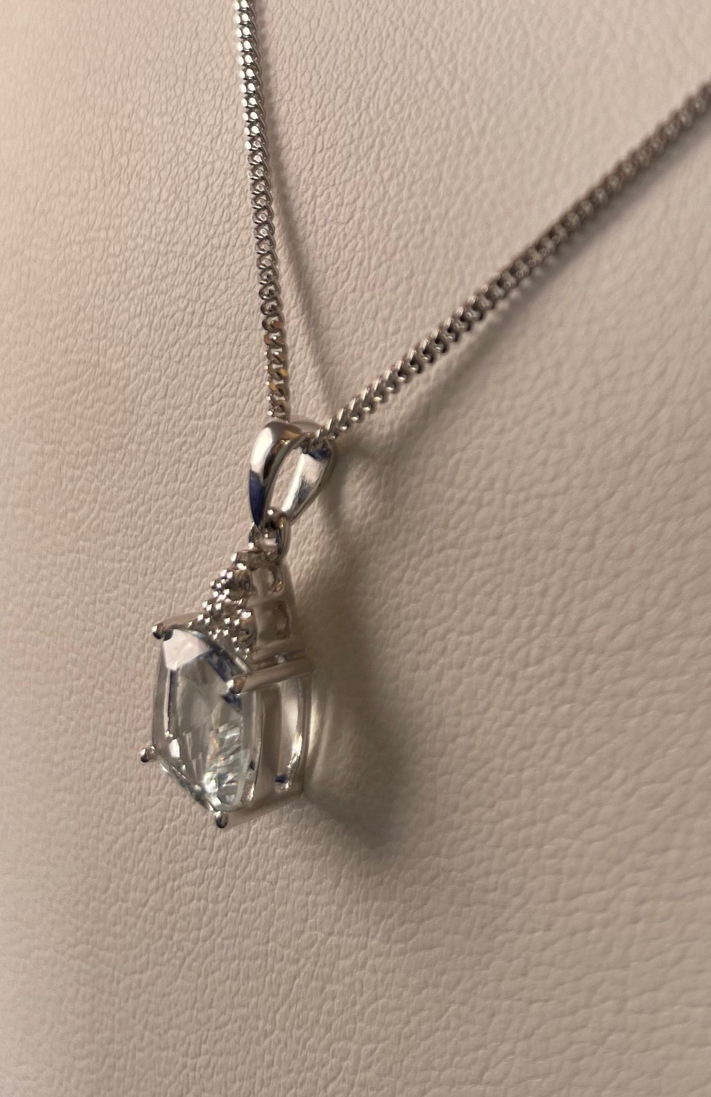 9ct White Gold Cushion Shape Aquamarine with Diamond Chips Pendant Necklace