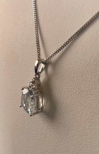 9ct White Gold Cushion Shape Aquamarine with Diamond Chips Pendant Necklace