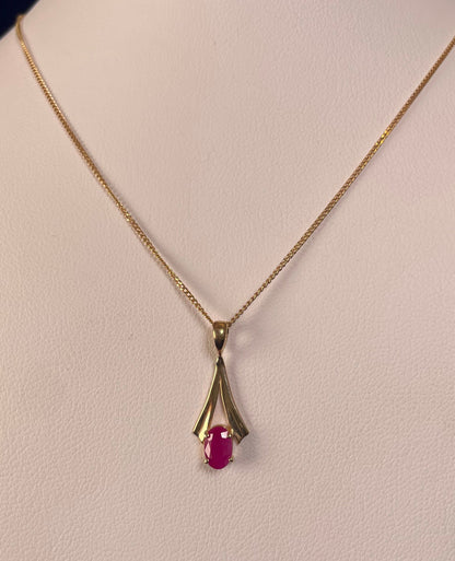 9ct Yellow Gold Oval Ruby Fan Design Pendant Necklace